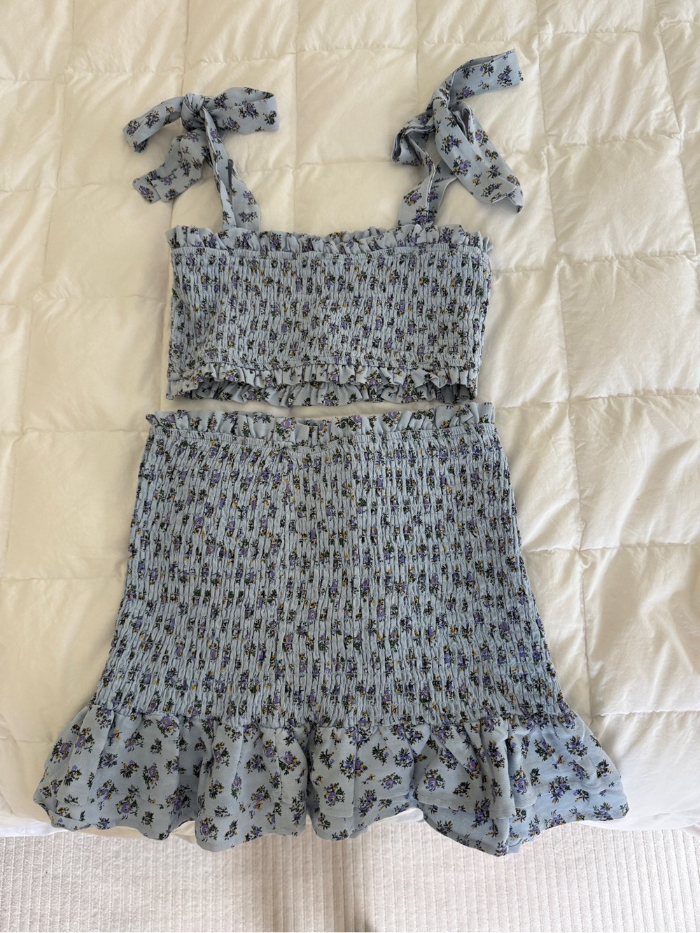 Storia Smocked Floral Tie-Shoulder Dress Set - Light Blue M